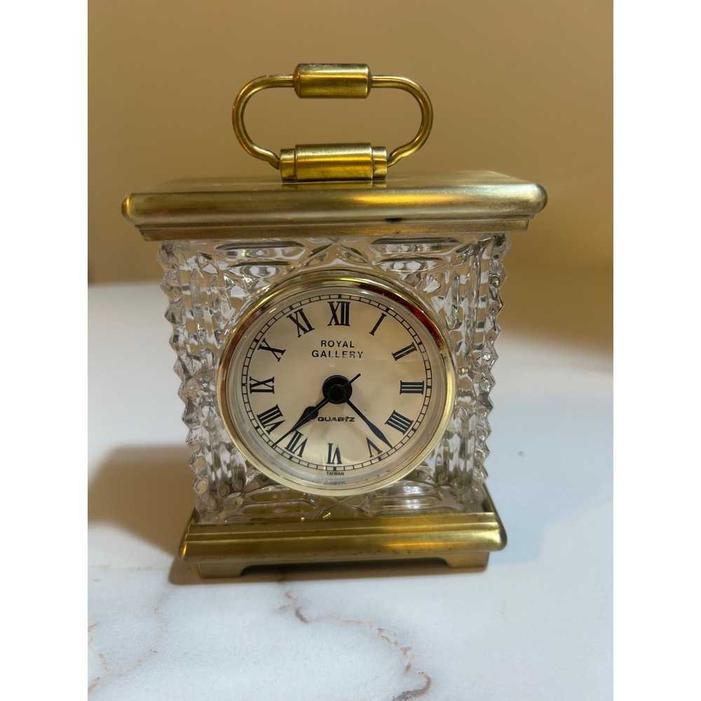 Royal Gallery Lead Crystal Carriage Clock Gold Brass Quartz Roman Numeral Desk